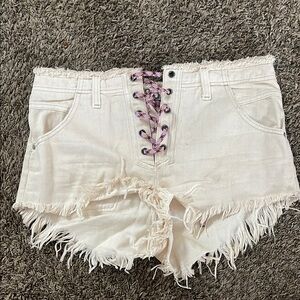 Free People - Women's White Frayed Denim Shorts